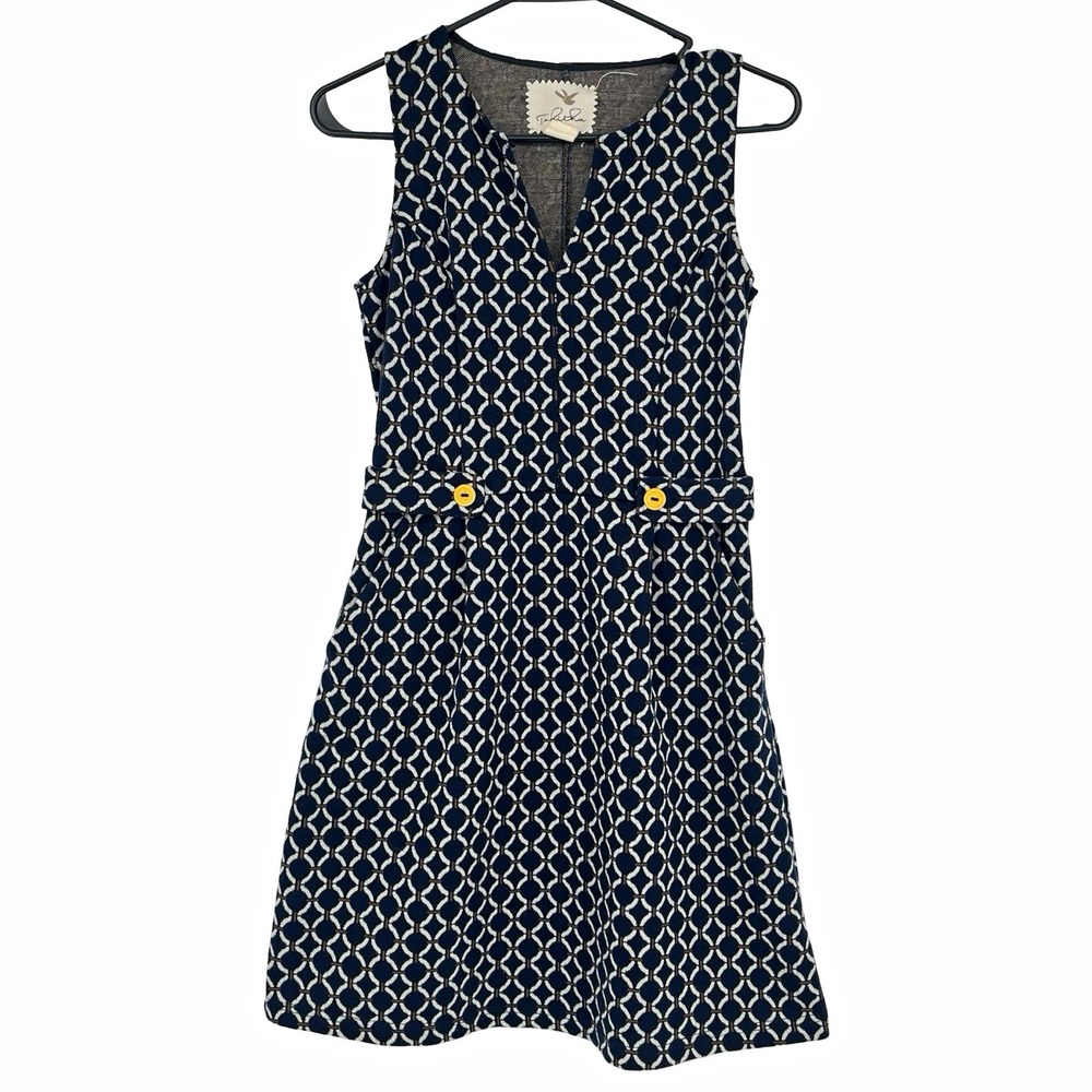 Tabitha Anthropologie Size 2 Navy Geometric Sleeveless Shift Dress Mod Retro